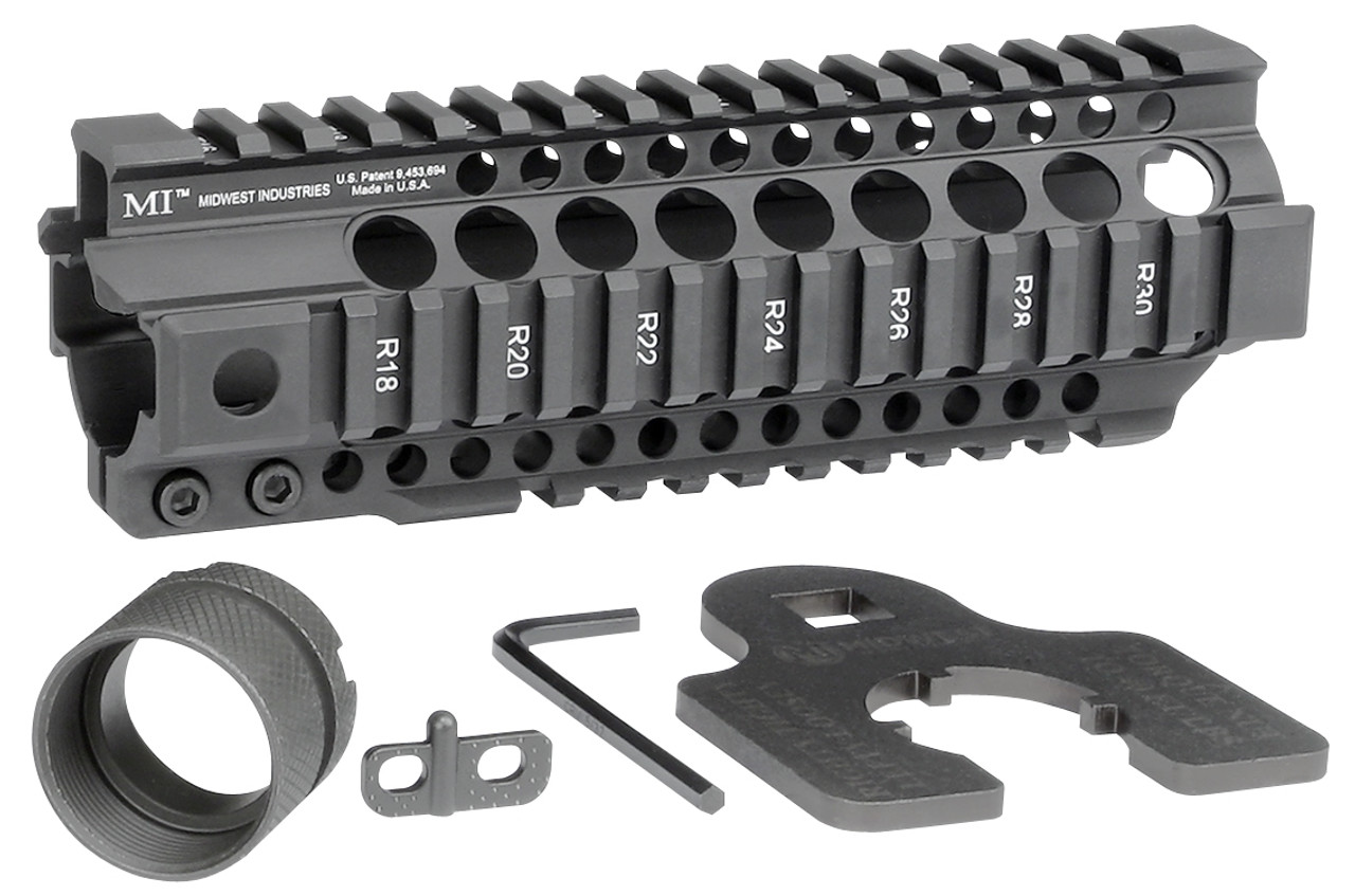 Midwest Industries Combat Rail T-Series Free Float Handguard with accessories, featuring MIL-STD 1913 Picatinny rails.